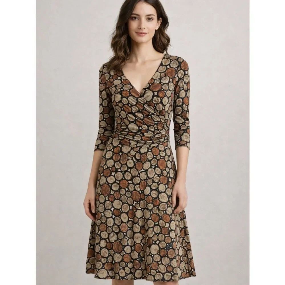 London Times Dress Size 4 Brown Black Print Fit Flare Stretch